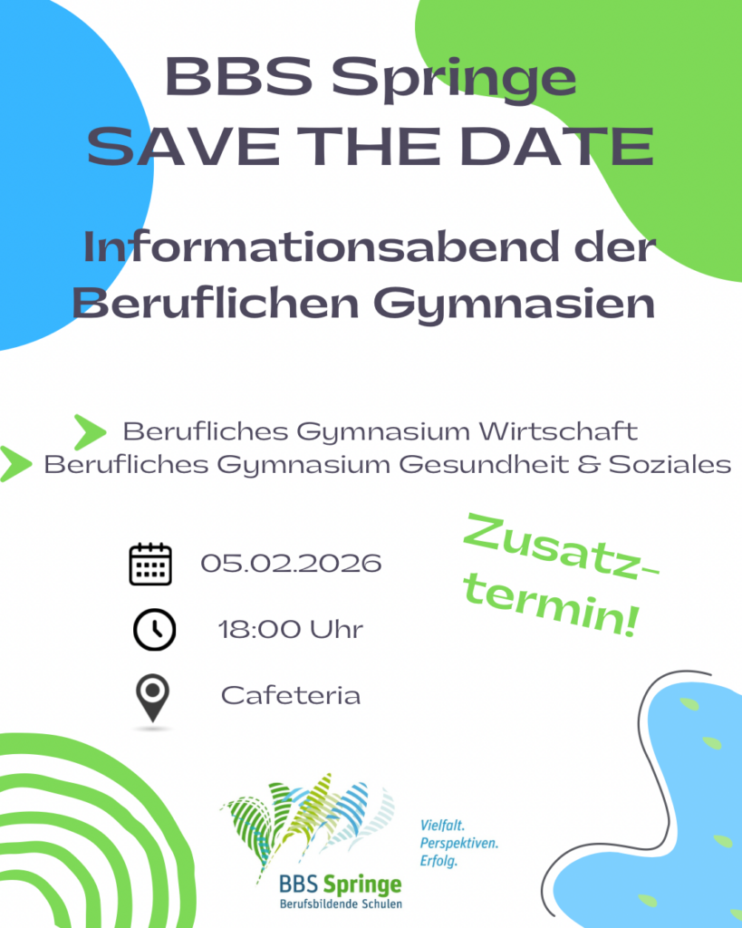 Info-Abend für das Berufliche Gymnasium am 05.02.26 um 18:00 Uhr in der Cafeteria der BBS Springe